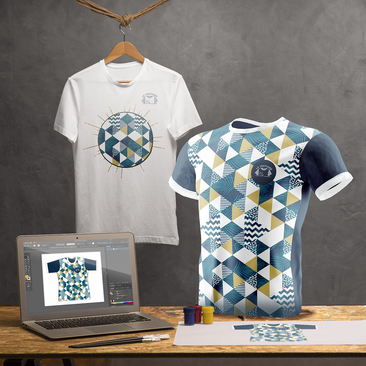 Création graphique d'une maquette de maillot de sport et t-shirt